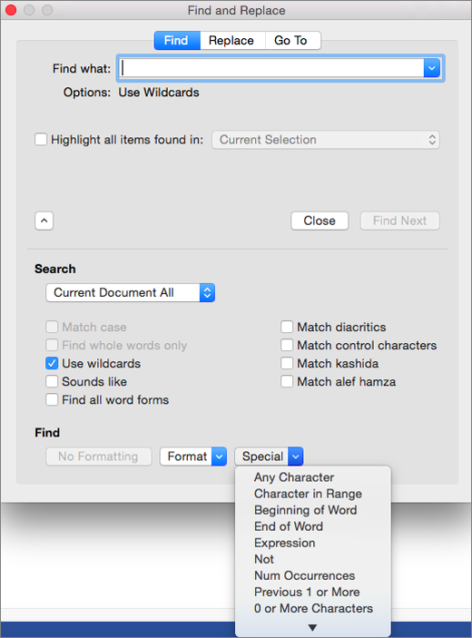 how do you search for a word in a document on a mac